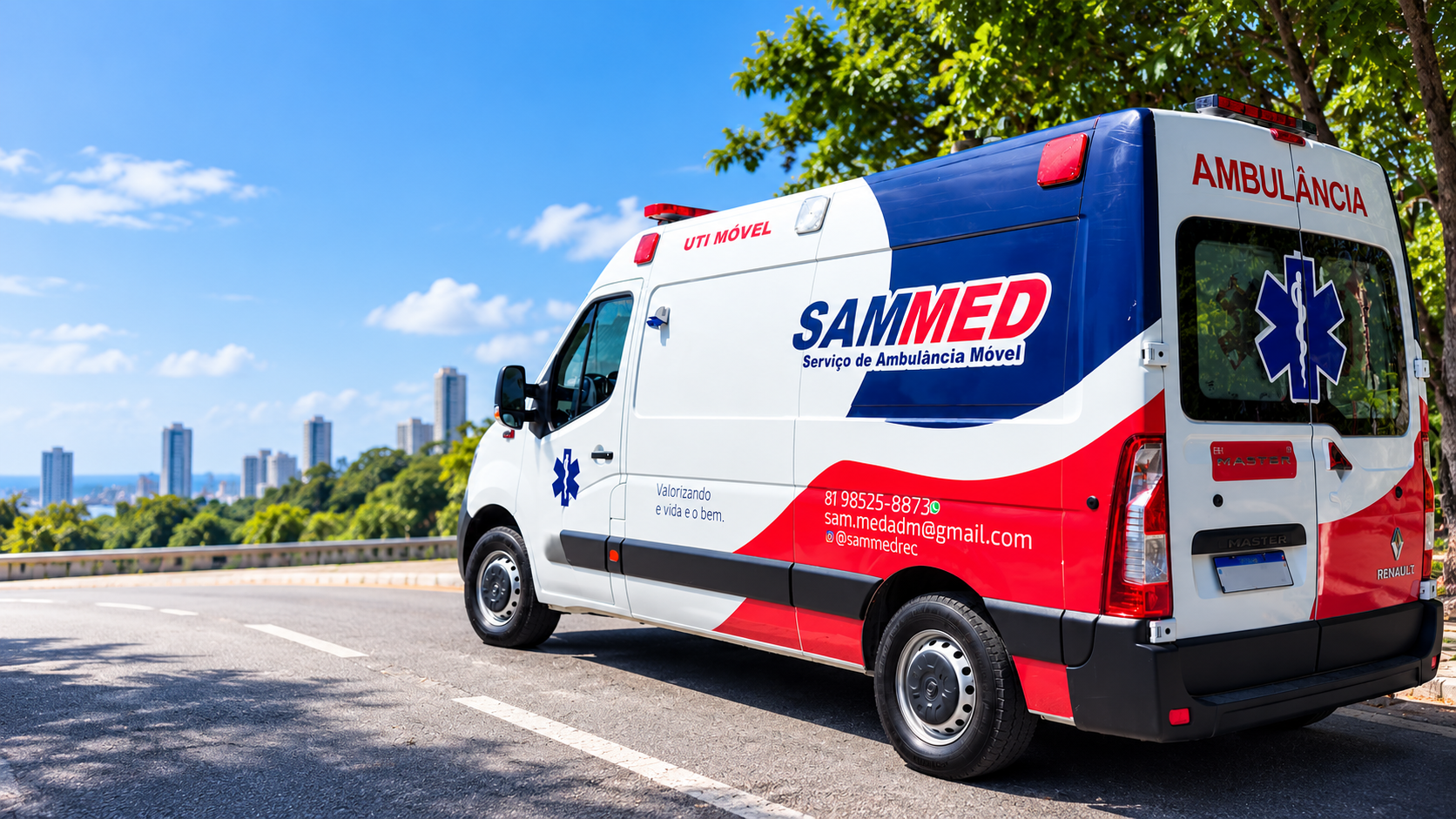 Imagem ilustrativa de uma ambulância identificada como SAMMED vista pela lateral e traseira